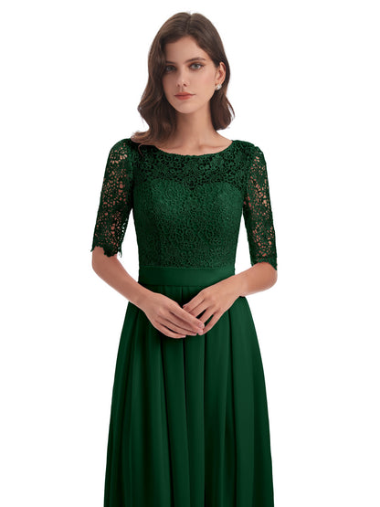 Brielle Illussion Neckline and Back Half Sleeves Scoop Lace Bridesmaid Dresses