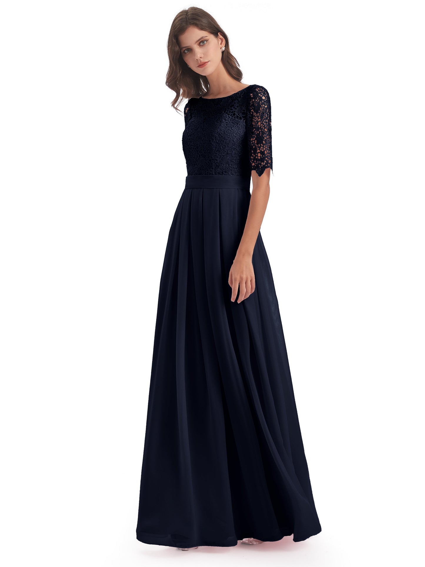 Brielle Illussion Neckline and Back Half Sleeves Scoop Lace Bridesmaid Dresses