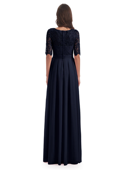 Brielle Illussion Neckline and Back Half Sleeves Scoop Lace Bridesmaid Dresses