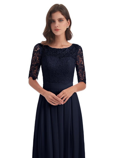Brielle Illussion Neckline and Back Half Sleeves Scoop Lace Bridesmaid Dresses