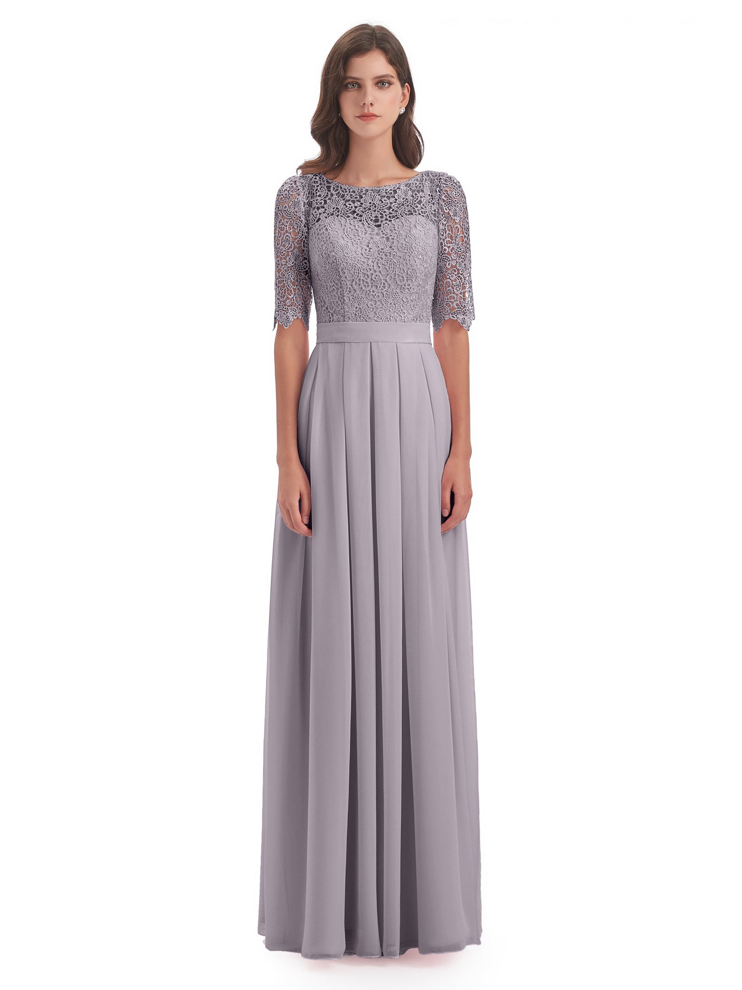 Brielle Illussion Neckline and Back Half Sleeves Scoop Lace Bridesmaid Dresses