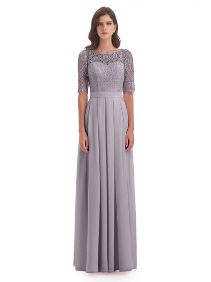 Brielle Illussion Neckline and Back Half Sleeves Scoop Lace Bridesmaid Dresses
