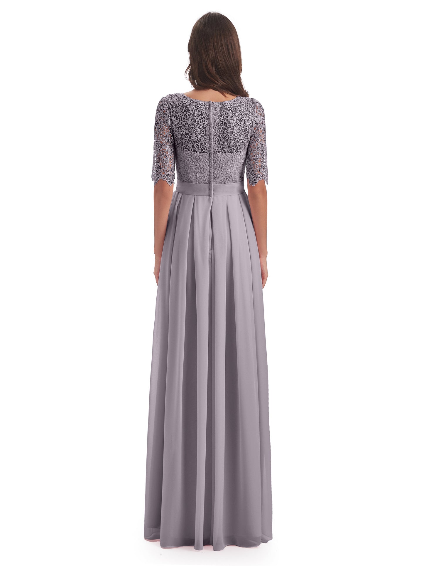 Brielle Illussion Neckline and Back Half Sleeves Scoop Lace Bridesmaid Dresses