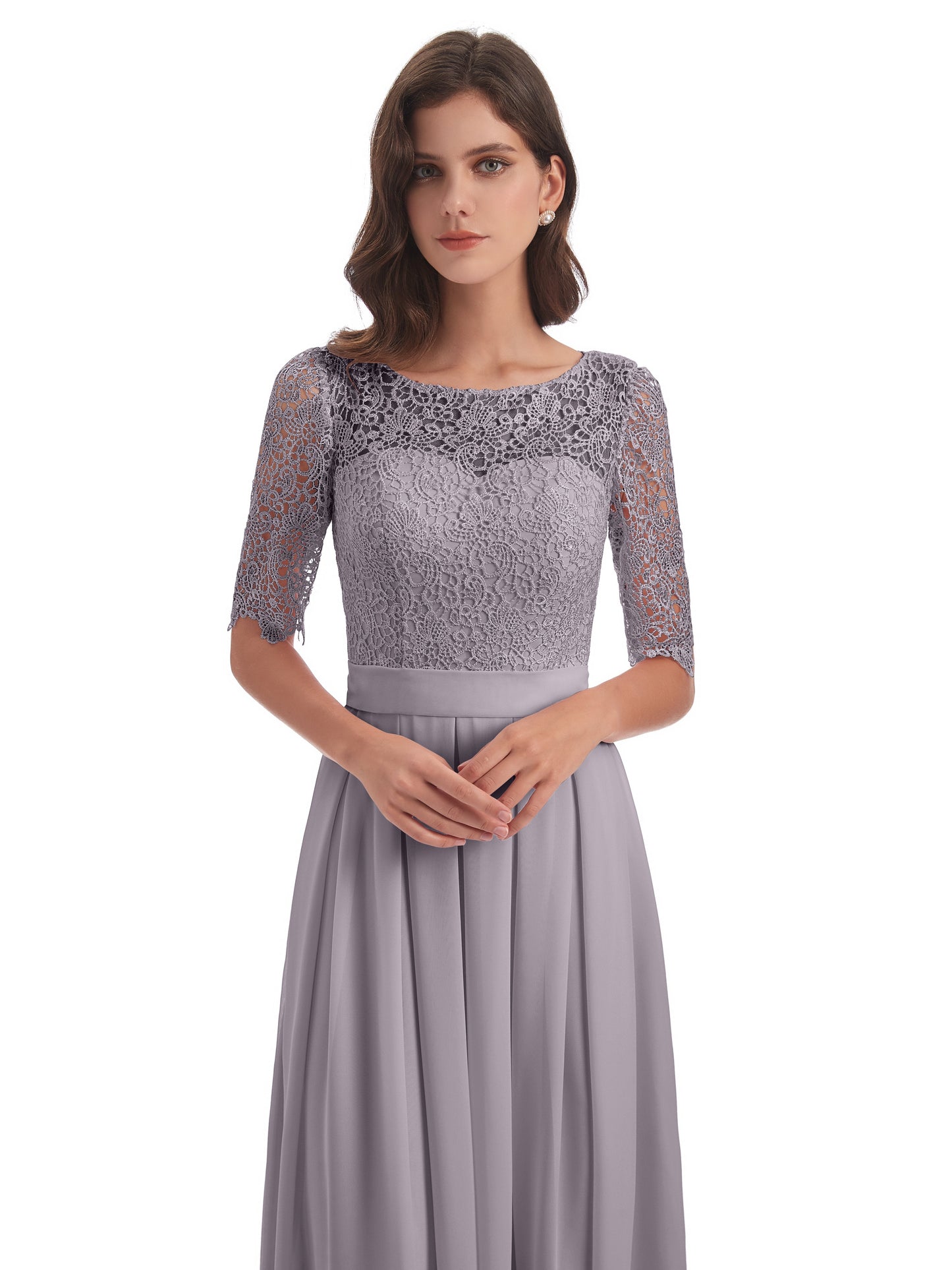 Brielle Illussion Neckline and Back Half Sleeves Scoop Lace Bridesmaid Dresses