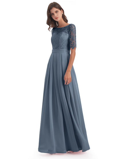 Brielle Illussion Neckline and Back Half Sleeves Scoop Lace Bridesmaid Dresses