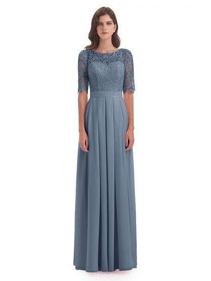 Brielle Illussion Neckline and Back Half Sleeves Scoop Lace Bridesmaid Dresses