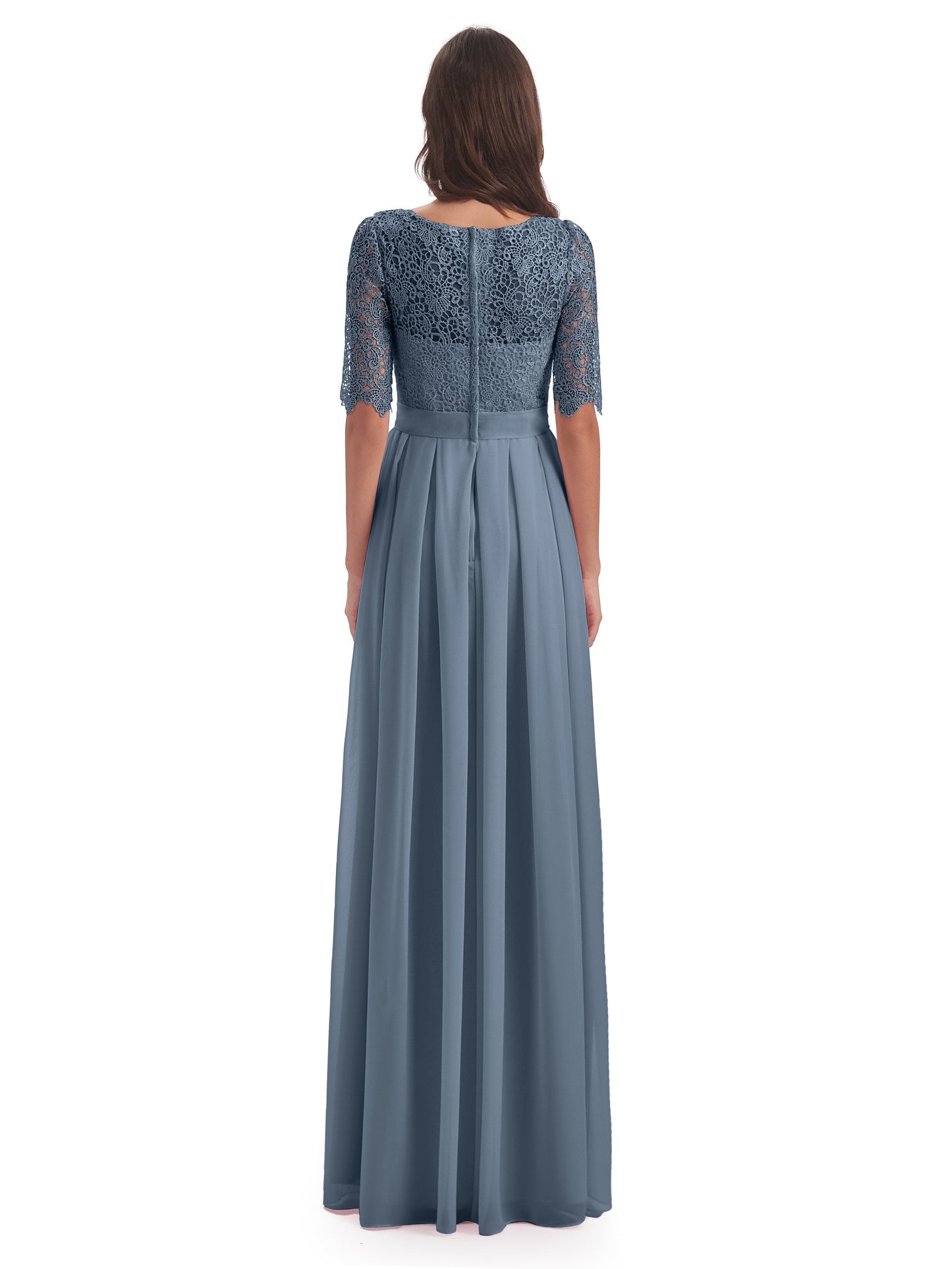 Brielle Illussion Neckline and Back Half Sleeves Scoop Lace Bridesmaid Dresses
