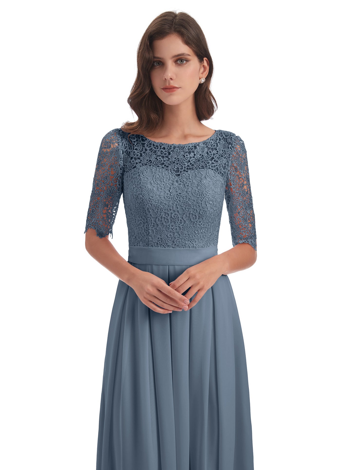 Brielle Illussion Neckline and Back Half Sleeves Scoop Lace Bridesmaid Dresses