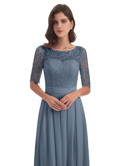 Brielle Illussion Neckline and Back Half Sleeves Scoop Lace Bridesmaid Dresses