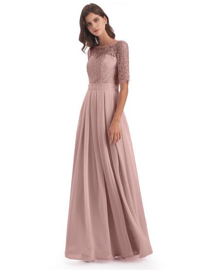 Brielle Illussion Neckline and Back Half Sleeves Scoop Lace Bridesmaid Dresses
