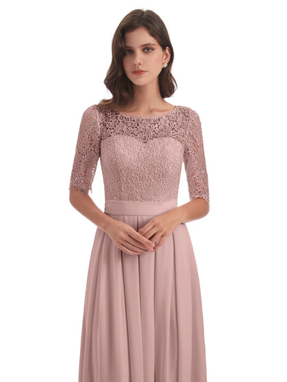 Brielle Illussion Neckline and Back Half Sleeves Scoop Lace Bridesmaid Dresses