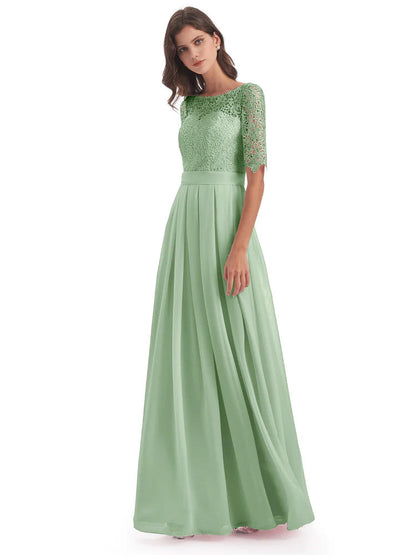 Brielle Illussion Neckline and Back Half Sleeves Scoop Lace Bridesmaid Dresses