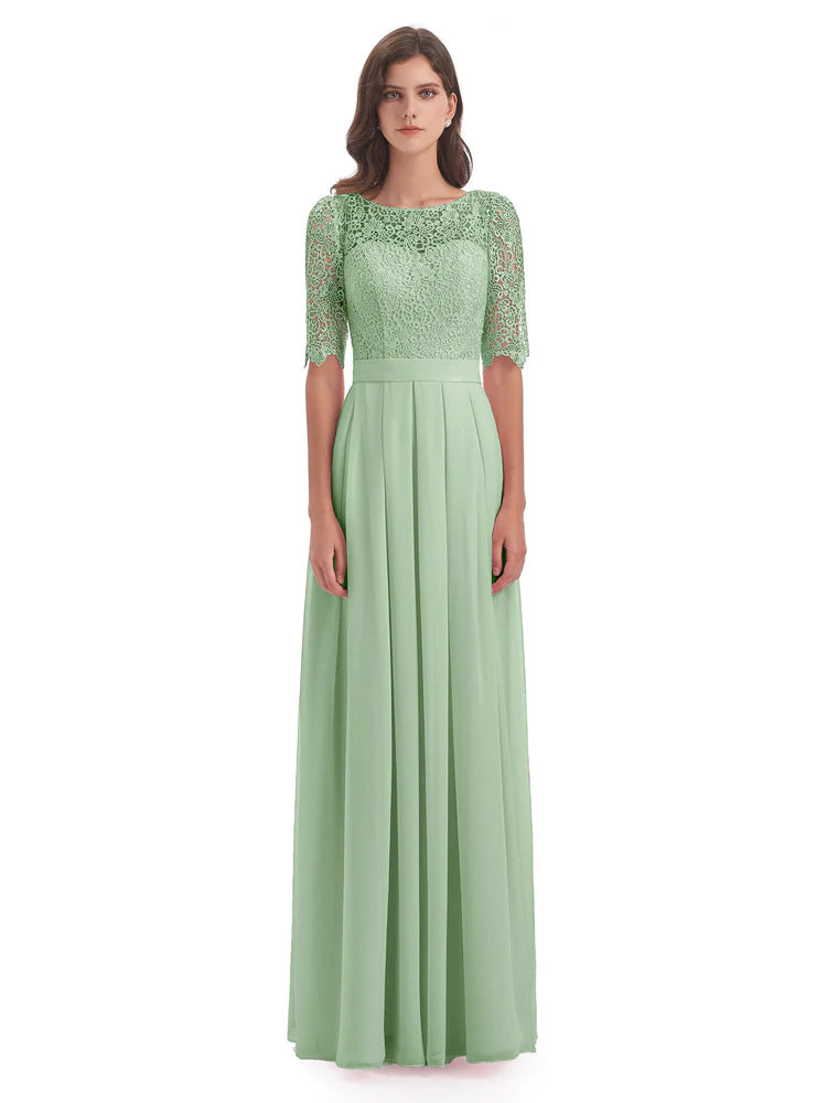 Brielle Illussion Neckline and Back Half Sleeves Scoop Lace Bridesmaid Dresses