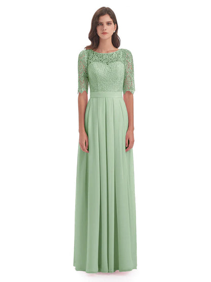 Brielle Illussion Neckline and Back Half Sleeves Scoop Lace Bridesmaid Dresses