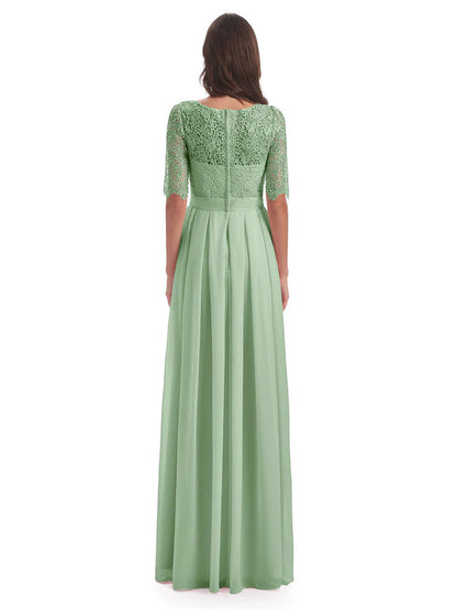 Brielle Illussion Neckline and Back Half Sleeves Scoop Lace Bridesmaid Dresses