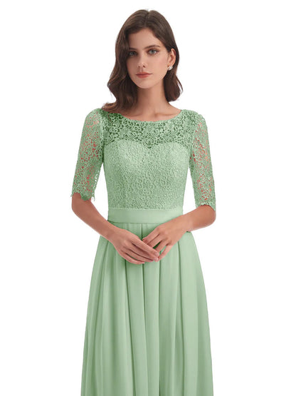 Brielle Illussion Neckline and Back Half Sleeves Scoop Lace Bridesmaid Dresses