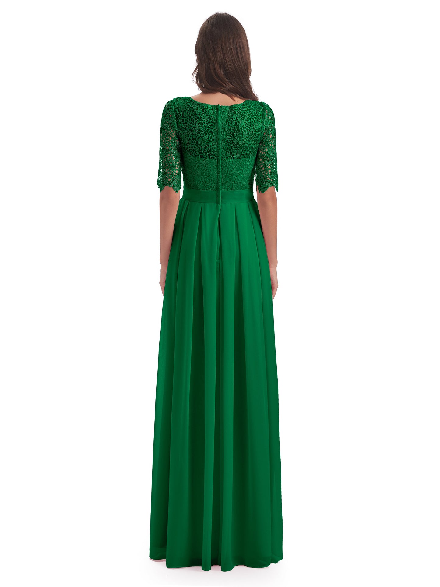 Brielle Illussion Neckline and Back Half Sleeves Scoop Lace Bridesmaid Dresses