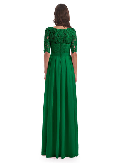 Brielle Illussion Neckline and Back Half Sleeves Scoop Lace Bridesmaid Dresses
