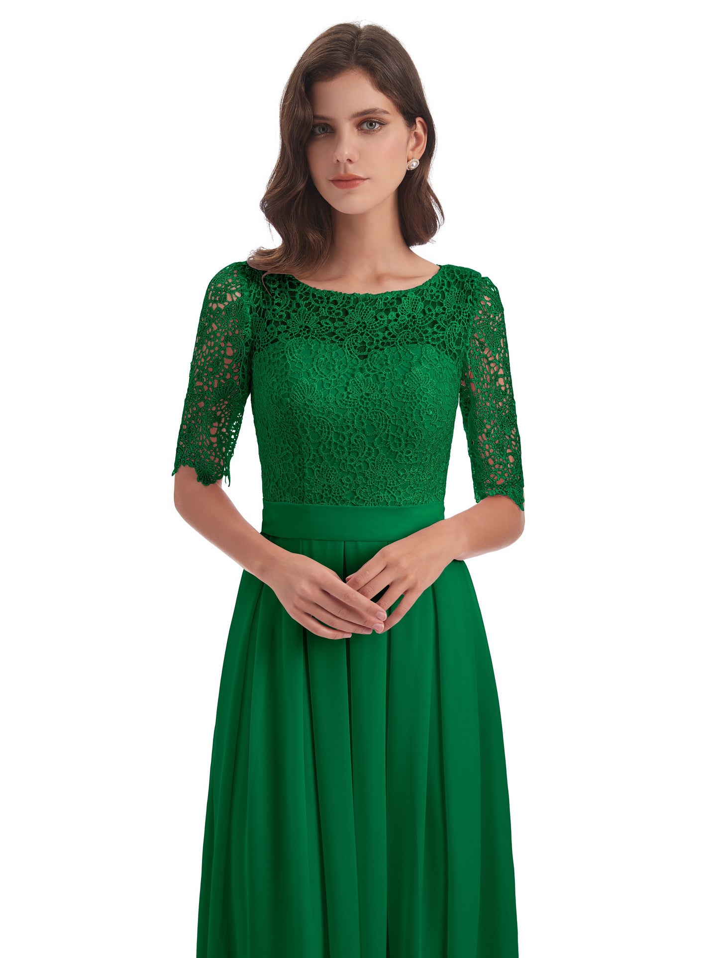Brielle Illussion Neckline and Back Half Sleeves Scoop Lace Bridesmaid Dresses
