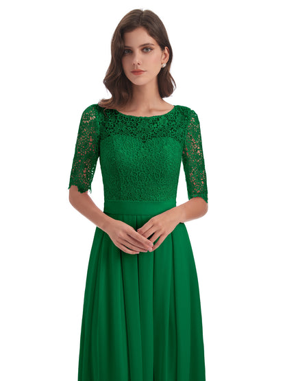 Brielle Illussion Neckline and Back Half Sleeves Scoop Lace Bridesmaid Dresses