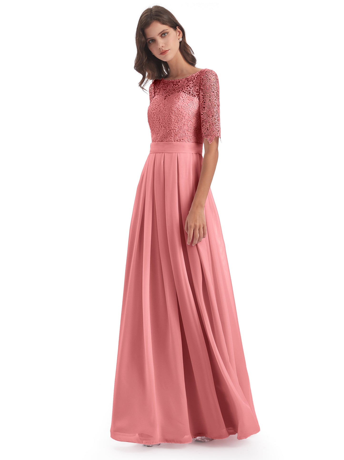 Brielle Illussion Neckline and Back Half Sleeves Scoop Lace Bridesmaid Dresses
