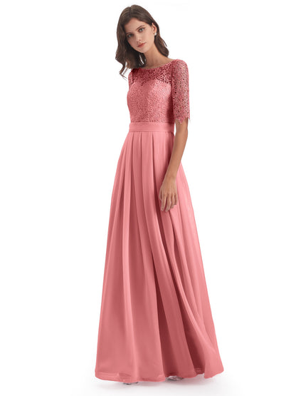 Brielle Illussion Neckline and Back Half Sleeves Scoop Lace Bridesmaid Dresses