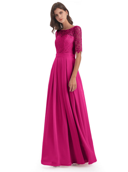 Brielle Illussion Neckline and Back Half Sleeves Scoop Lace Bridesmaid Dresses