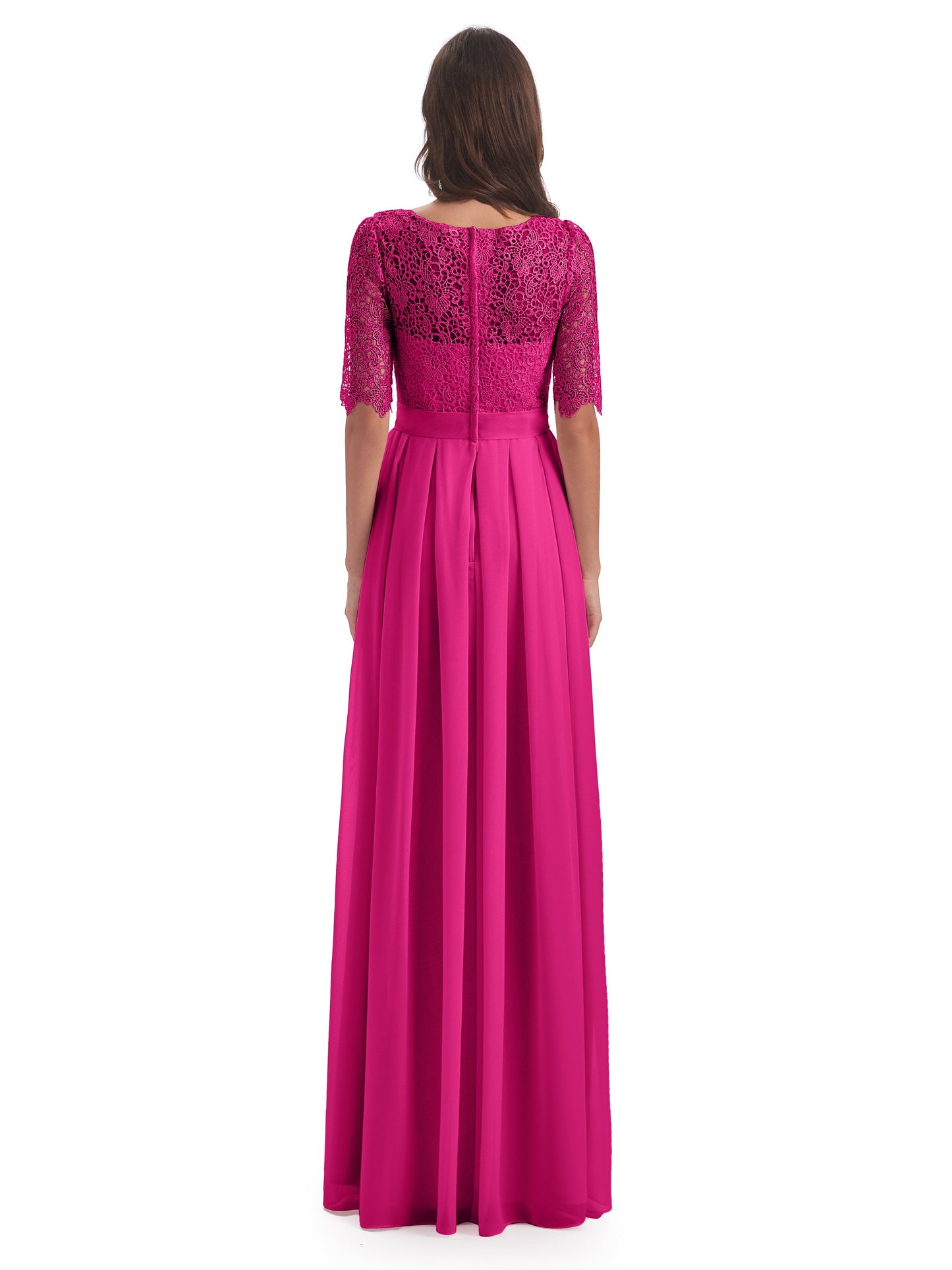 Brielle Illussion Neckline and Back Half Sleeves Scoop Lace Bridesmaid Dresses