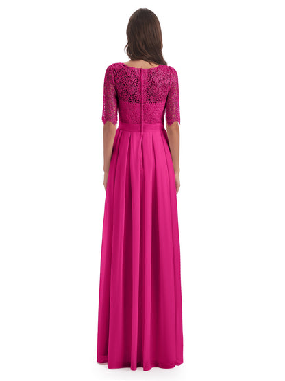 Brielle Illussion Neckline and Back Half Sleeves Scoop Lace Bridesmaid Dresses