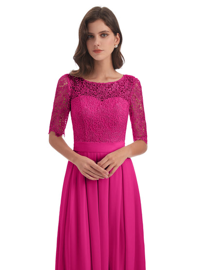 Brielle Illussion Neckline and Back Half Sleeves Scoop Lace Bridesmaid Dresses