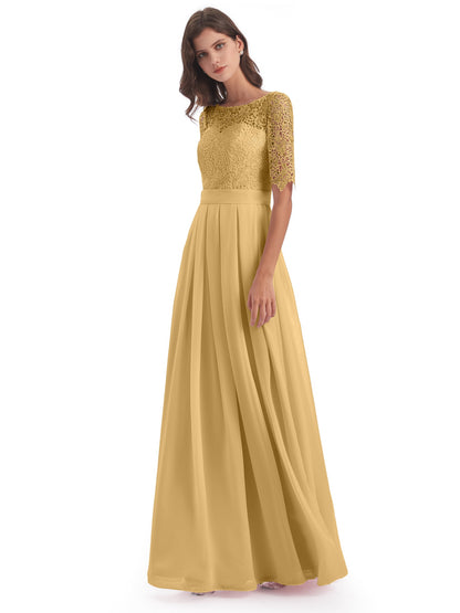 Brielle Illussion Neckline and Back Half Sleeves Scoop Lace Bridesmaid Dresses