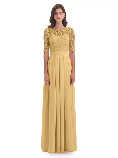 Brielle Illussion Neckline and Back Half Sleeves Scoop Lace Bridesmaid Dresses
