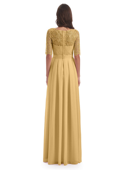 Brielle Illussion Neckline and Back Half Sleeves Scoop Lace Bridesmaid Dresses