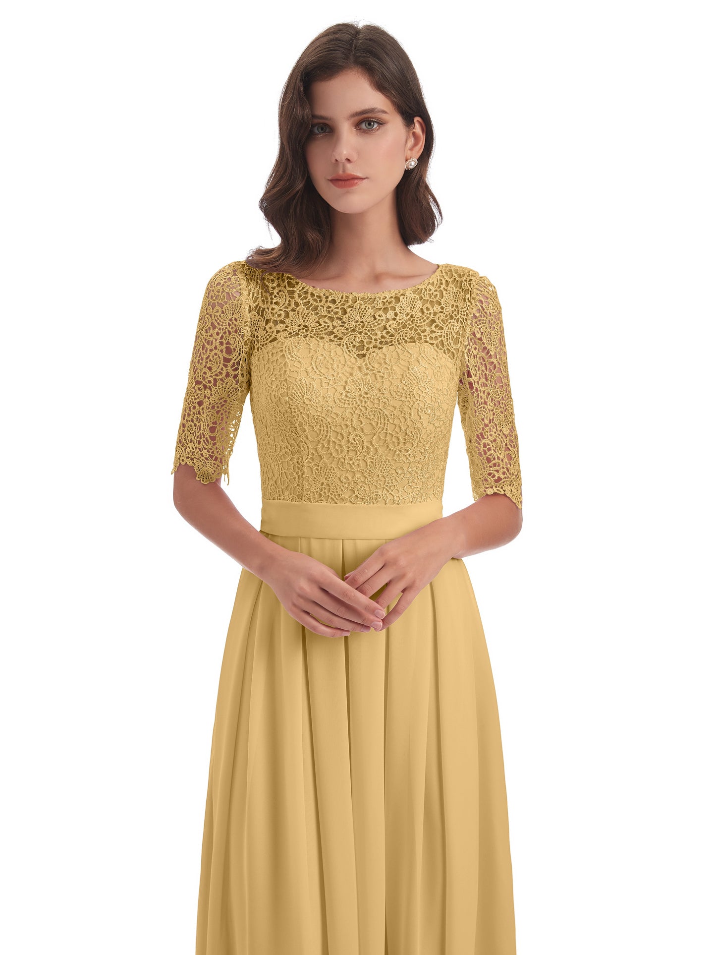 Brielle Illussion Neckline and Back Half Sleeves Scoop Lace Bridesmaid Dresses