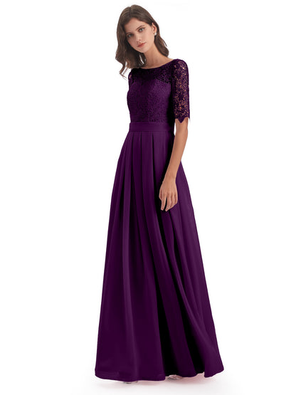 Brielle Illussion Neckline and Back Half Sleeves Scoop Lace Bridesmaid Dresses