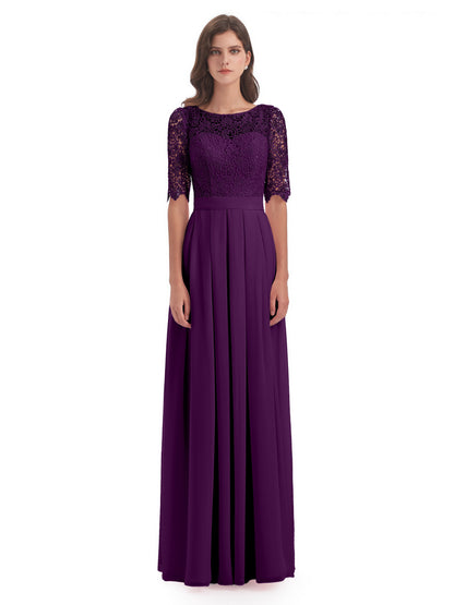 Brielle Illussion Neckline and Back Half Sleeves Scoop Lace Bridesmaid Dresses