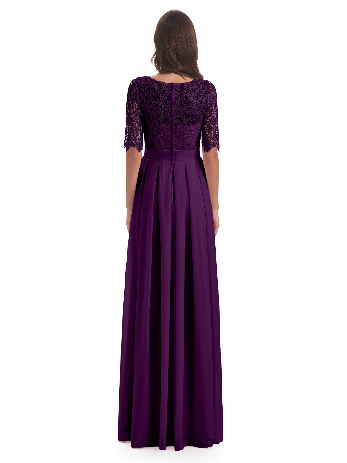 Brielle Illussion Neckline and Back Half Sleeves Scoop Lace Bridesmaid Dresses