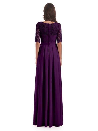Brielle Illussion Neckline and Back Half Sleeves Scoop Lace Bridesmaid Dresses