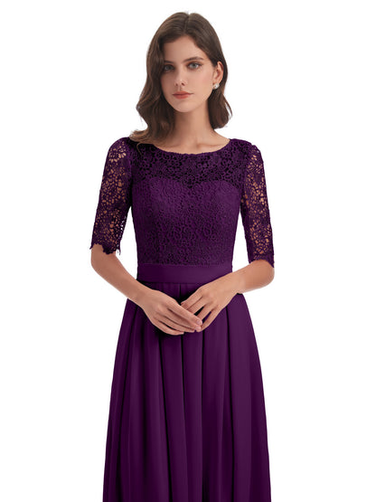 Brielle Illussion Neckline and Back Half Sleeves Scoop Lace Bridesmaid Dresses
