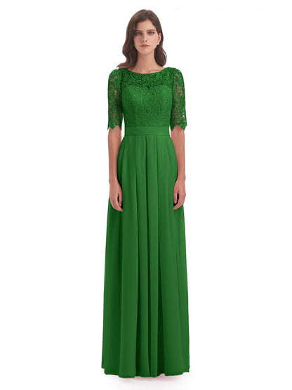 Brielle Illussion Neckline and Back Half Sleeves Scoop Lace Bridesmaid Dresses