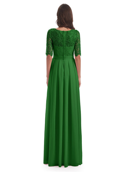 Brielle Illussion Neckline and Back Half Sleeves Scoop Lace Bridesmaid Dresses