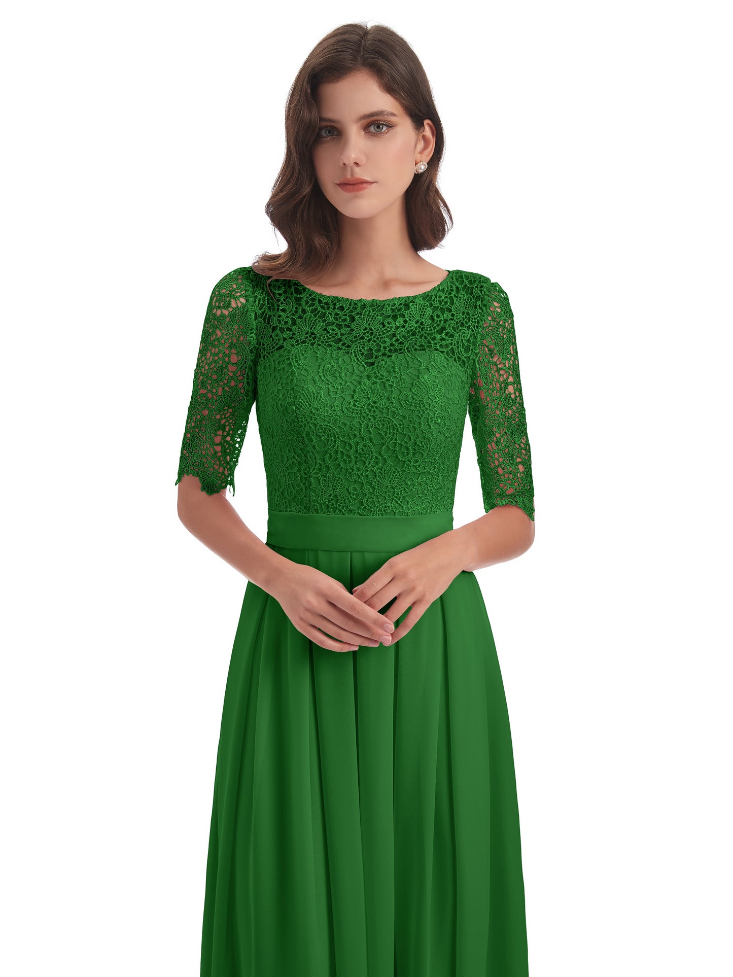 Brielle Illussion Neckline and Back Half Sleeves Scoop Lace Bridesmaid Dresses