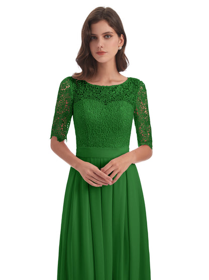 Brielle Illussion Neckline and Back Half Sleeves Scoop Lace Bridesmaid Dresses