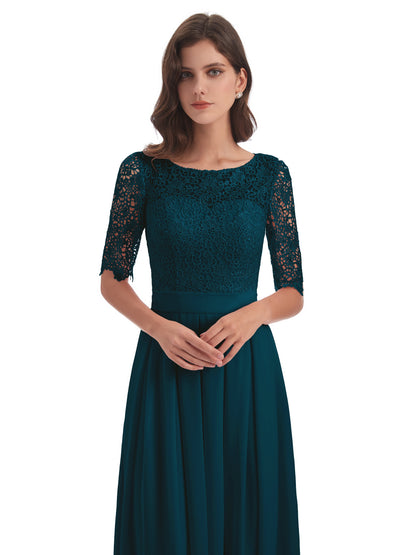Brielle Illussion Neckline and Back Half Sleeves Scoop Lace Bridesmaid Dresses