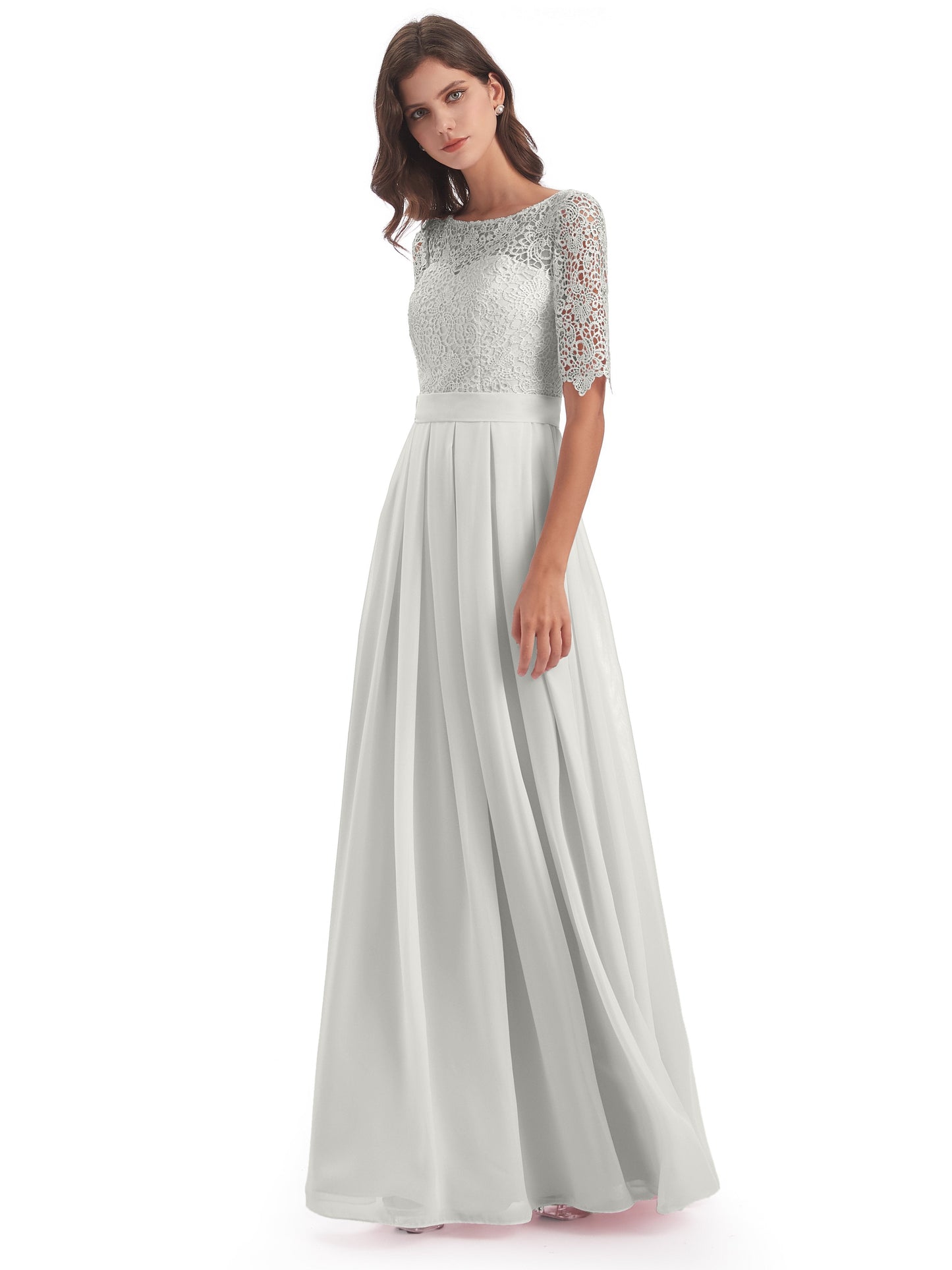 Brielle Illussion Neckline and Back Half Sleeves Scoop Lace Bridesmaid Dresses