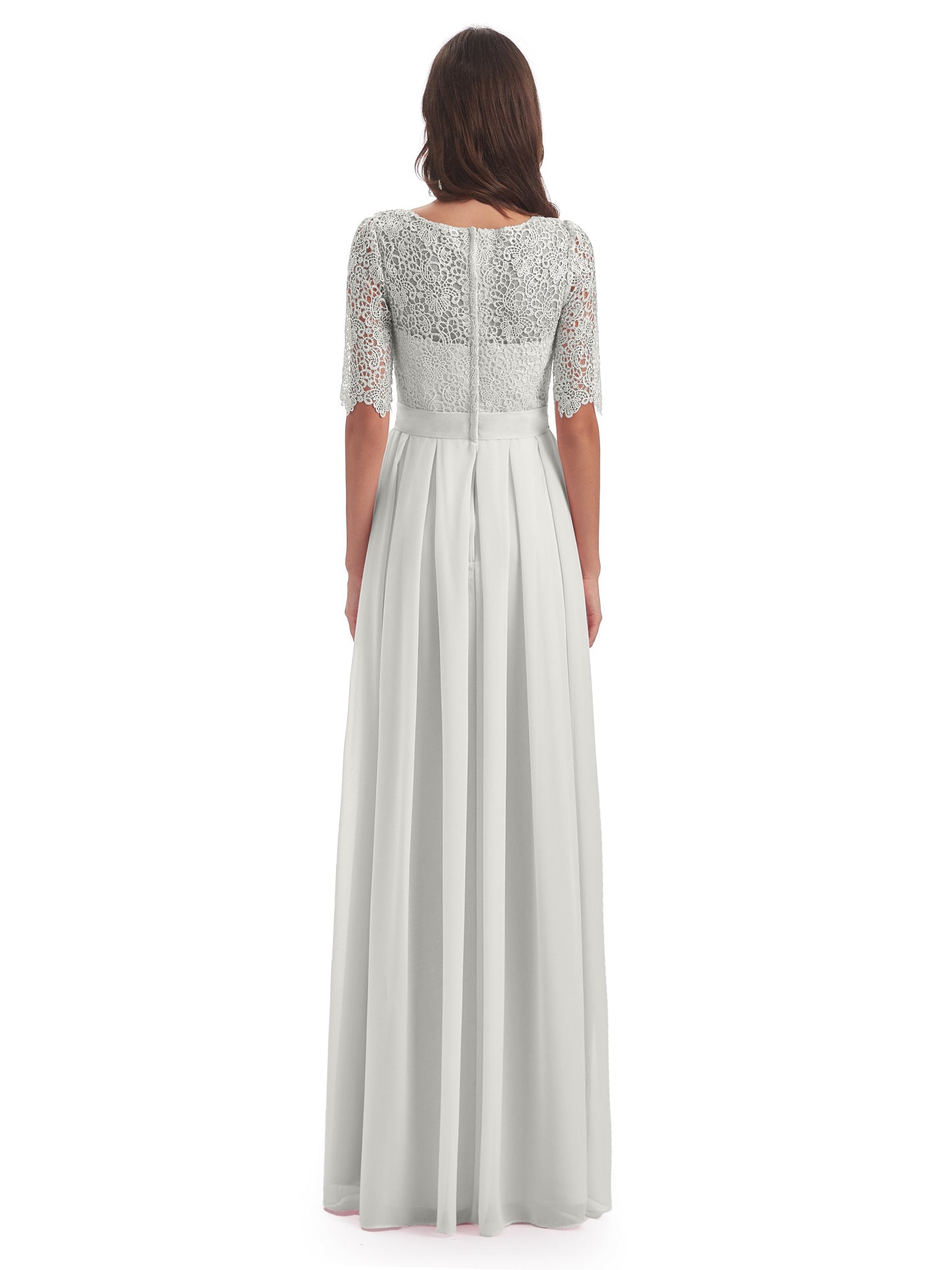 Brielle Illussion Neckline and Back Half Sleeves Scoop Lace Bridesmaid Dresses