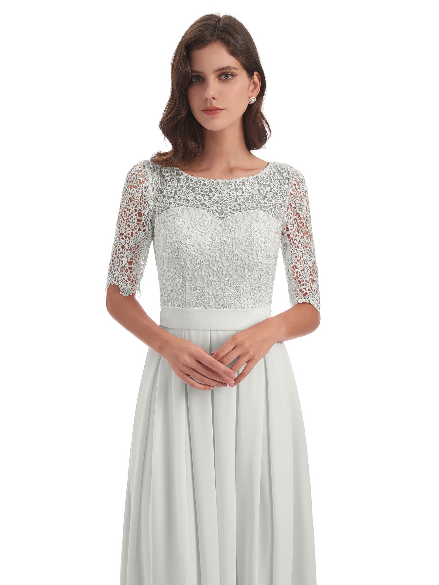 Brielle Illussion Neckline and Back Half Sleeves Scoop Lace Bridesmaid Dresses