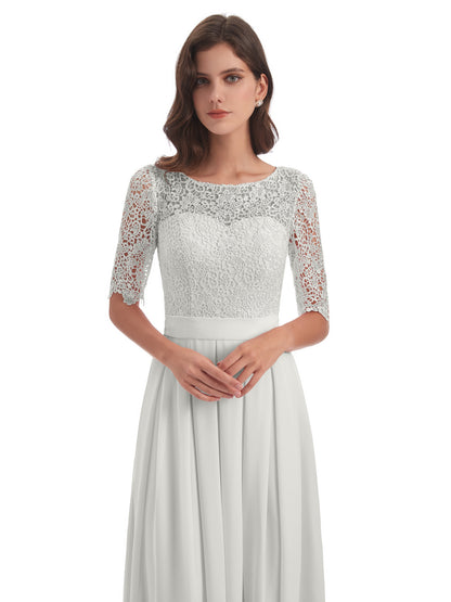 Brielle Illussion Neckline and Back Half Sleeves Scoop Lace Bridesmaid Dresses