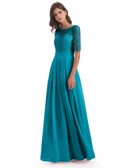 Brielle Illussion Neckline and Back Half Sleeves Scoop Lace Bridesmaid Dresses