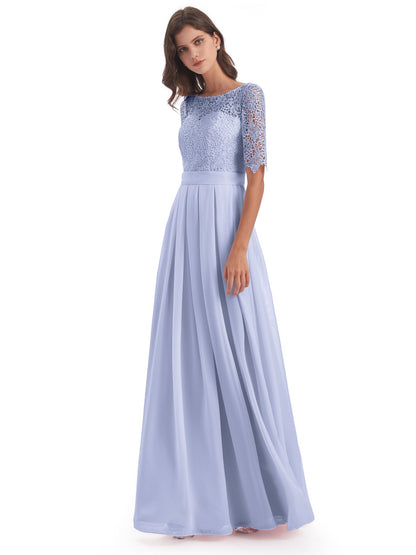 Brielle Illussion Neckline and Back Half Sleeves Scoop Lace Bridesmaid Dresses